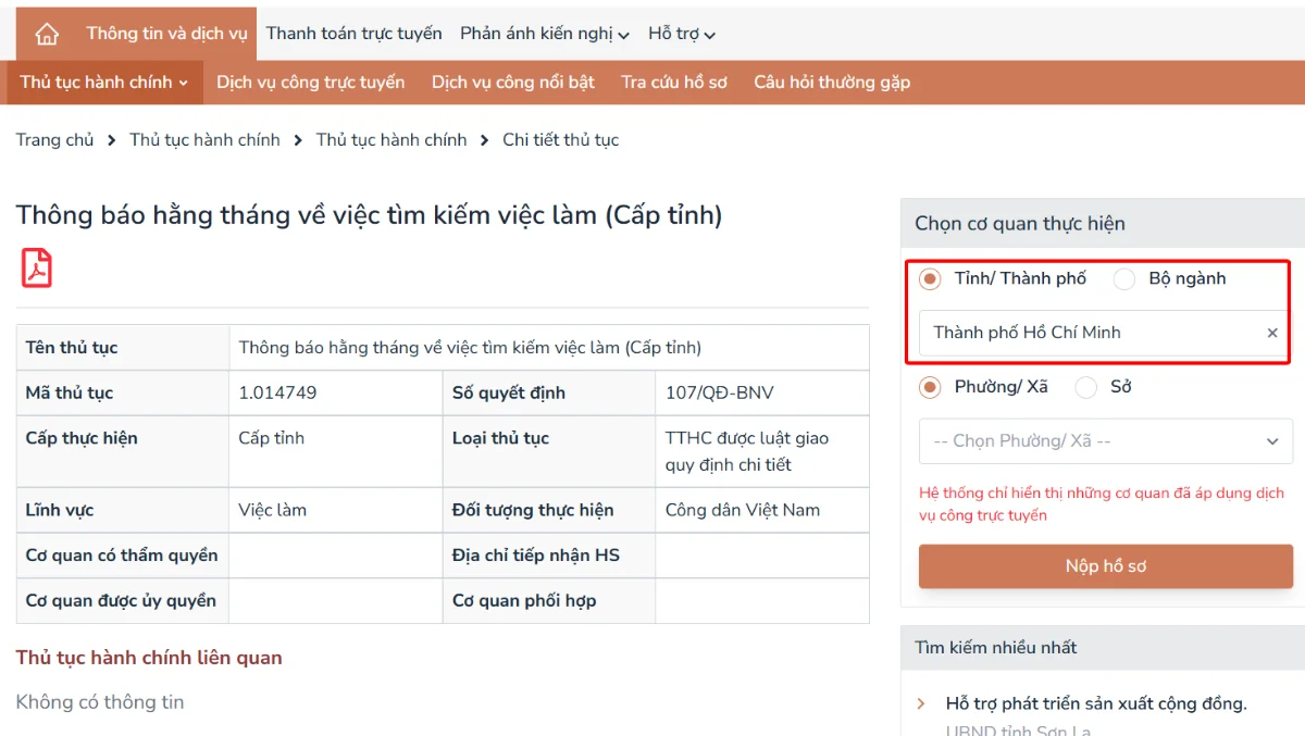 Ảnh chụp màn hình hướng dẫn khai — bước 2: Chọn thủ tục thông báo — Lựa chọn cơ quan để thực hiện