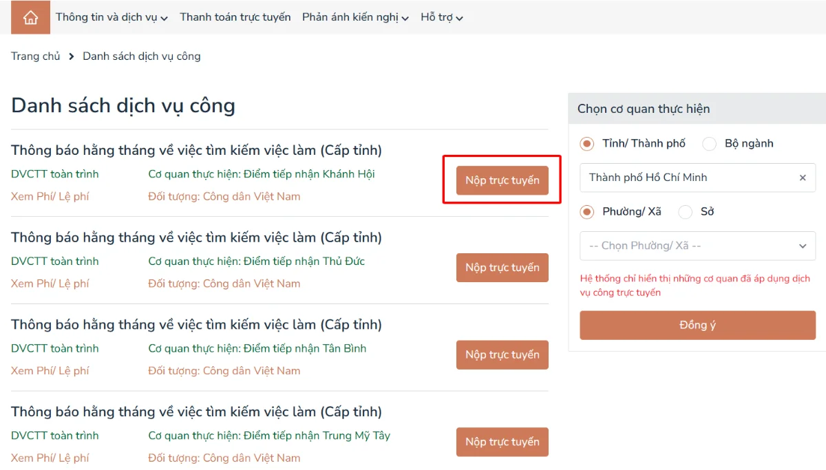Ảnh chụp màn hình hướng dẫn khai — bước 2: Chọn thủ tục thông báo — Lựa chọn điểm tiếp nhận để nộp trực tuyến