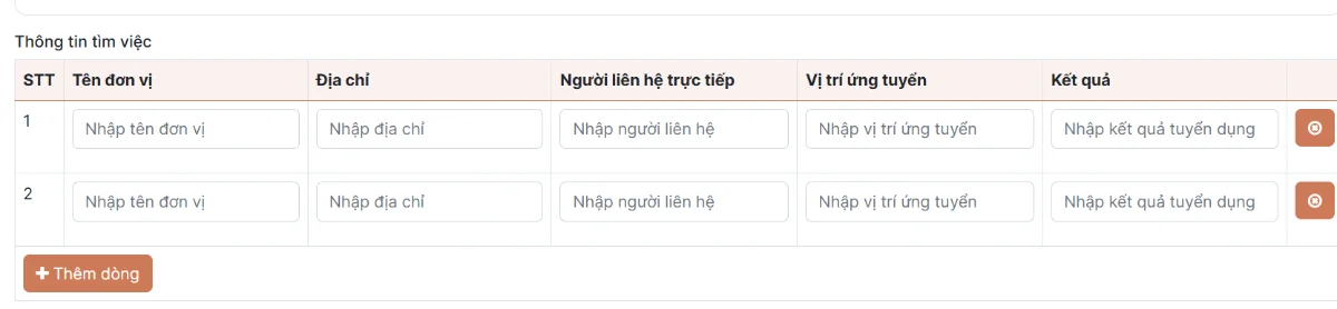 Ảnh chụp màn hình hướng dẫn khai — bước 3: Khai quá trình tìm việc — Thông tin tìm việc