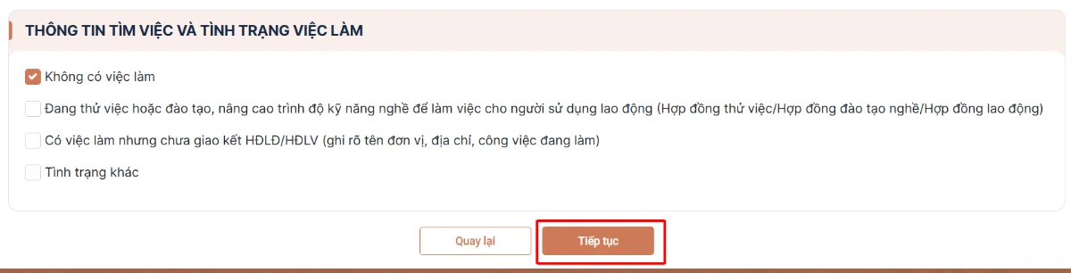 Ảnh chụp màn hình hướng dẫn khai — bước 3: Khai quá trình tìm việc — Thông tin tìm việc và tình trạng việc làm