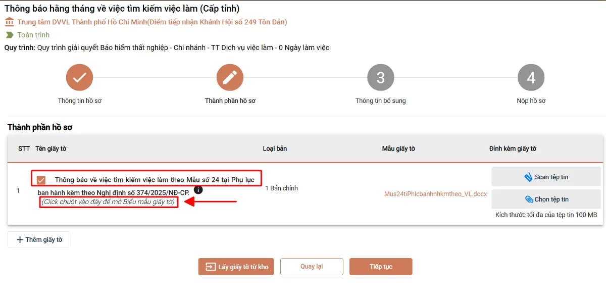 Ảnh chụp màn hình hướng dẫn khai — bước 4: Thành phần hồ sơ — Tích chọn "Thông báo về việc tìm kiếm việc làm theo mẫu số 24 tại phụ lục", rồi nhấn "Click chuột vào đây để mở biểu mẫu giấy tờ".