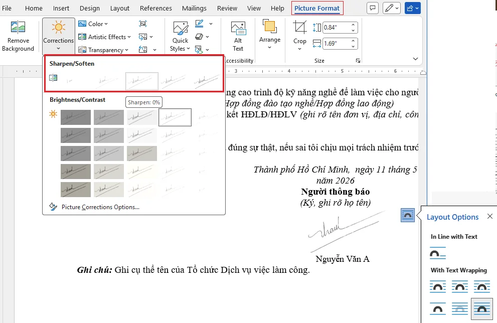 Ảnh chụp màn hình hướng dẫn khai — bước 4: Thành phần hồ sơ — Chụp chữ ký trên nền giấy trắng, chèn vào file Word và ghi rõ họ tên.