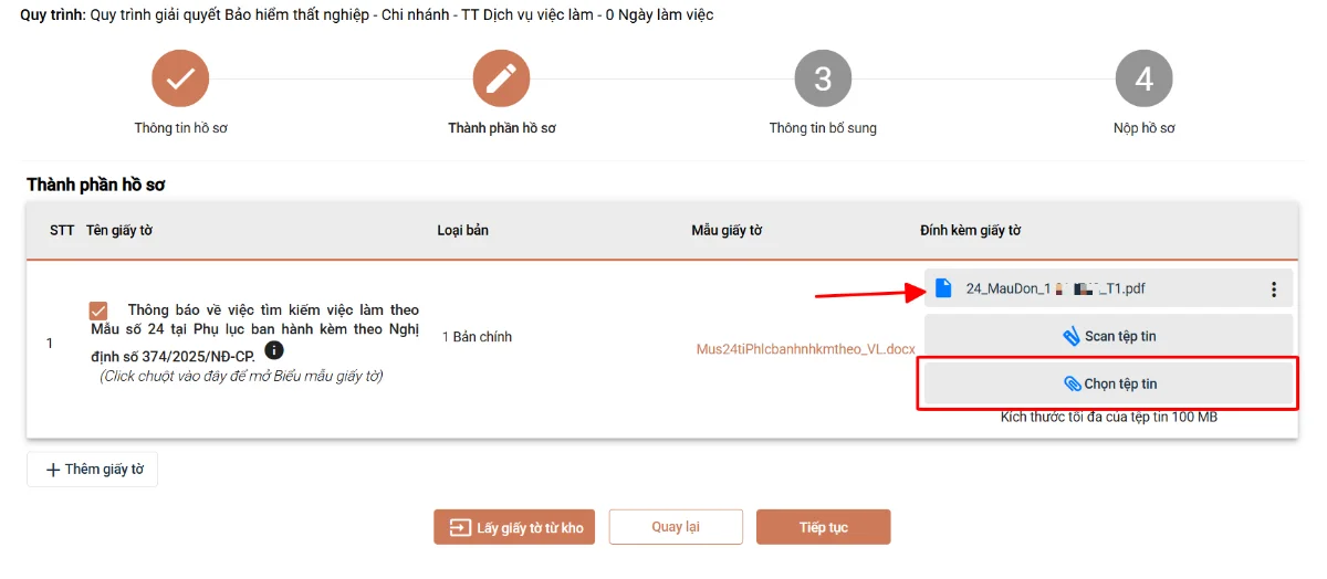 Ảnh chụp màn hình hướng dẫn khai — bước 4: Thành phần hồ sơ — Nhấn "Chọn tệp tin", đính kèm file PDF vừa lưu, sau đó nhấn "Tiếp tục".
