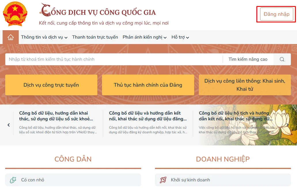 Ảnh chụp màn hình hướng dẫn nop — bước 2: Đăng nhập Dịch vụ công — Trang chủ dichvucong.gov.vn — nhấn "Đăng nhập".