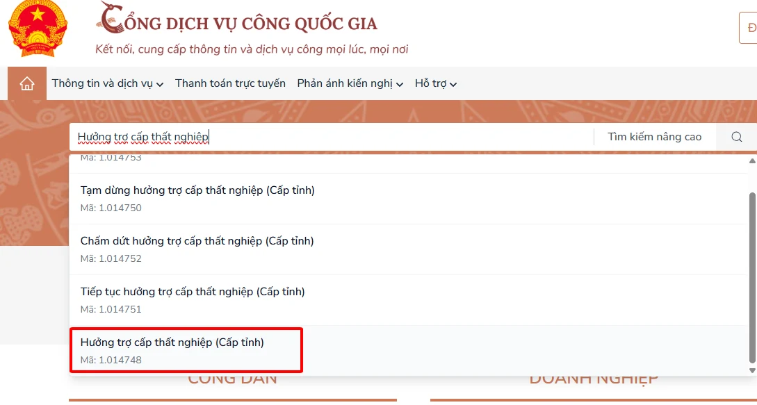 Ảnh chụp màn hình hướng dẫn nop — bước 3: Nộp hưởng trợ cấp thất nghiệp — Trên khung tìm kiếm gõ "Hưởng trợ cấp thất nghiệp" hoặc mã số "1.014748".