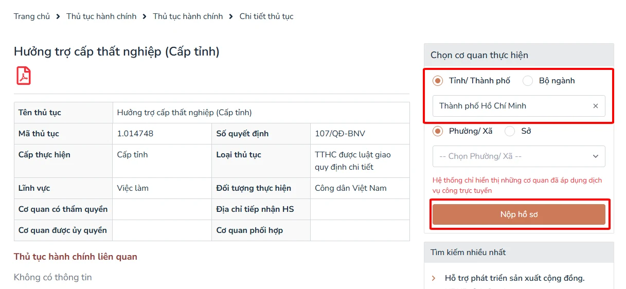 Ảnh chụp màn hình hướng dẫn nop — bước 3: Nộp hưởng trợ cấp thất nghiệp — Chọn Tỉnh/Thành phố nơi bạn sinh sống để tiến hành nộp hồ sơ.