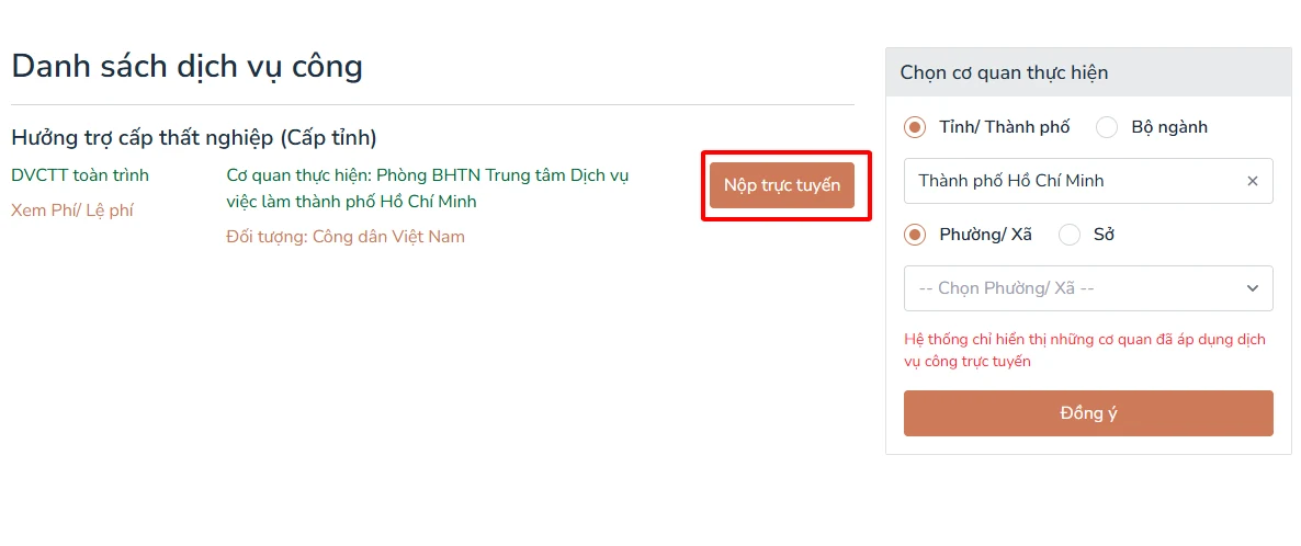 Ảnh chụp màn hình hướng dẫn nop — bước 3: Nộp hưởng trợ cấp thất nghiệp — Chọn "Nộp trực tuyến" vào Cơ quan thực hiện đã chọn.