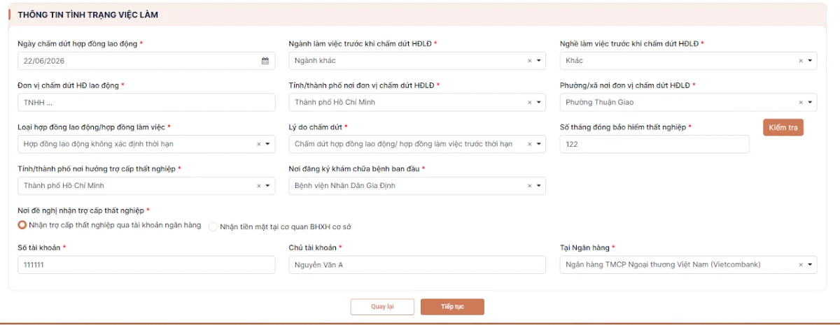 Ảnh chụp màn hình hướng dẫn nop — bước 4: Nhập thông tin cá nhân — Ngành nghề