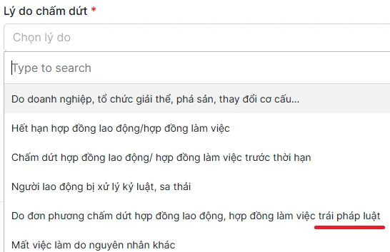 Ảnh chụp màn hình hướng dẫn nop — bước 4: Nhập thông tin cá nhân — Lý do chấm dứt hợp đồng