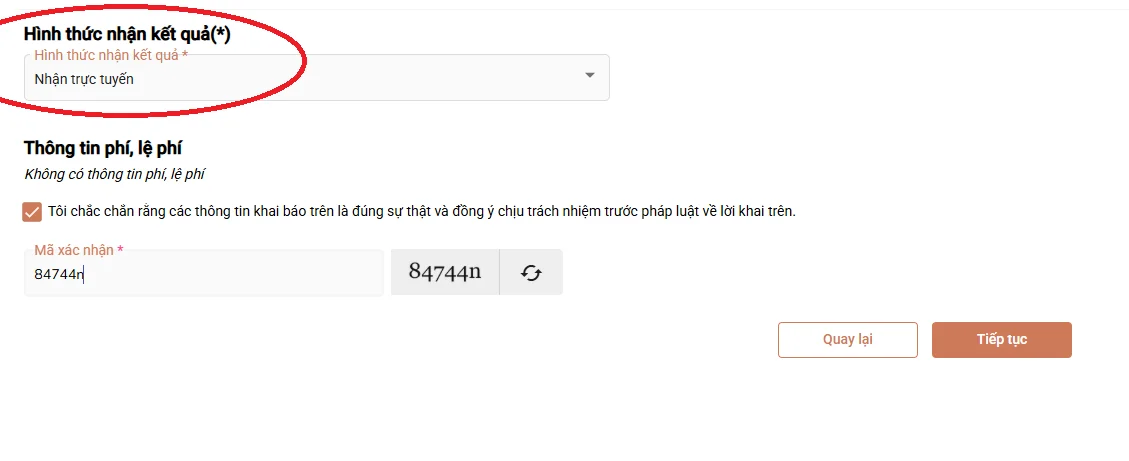 Ảnh chụp màn hình hướng dẫn nop — bước 6: Xác nhận và nộp — Hình thức nhận kết quả