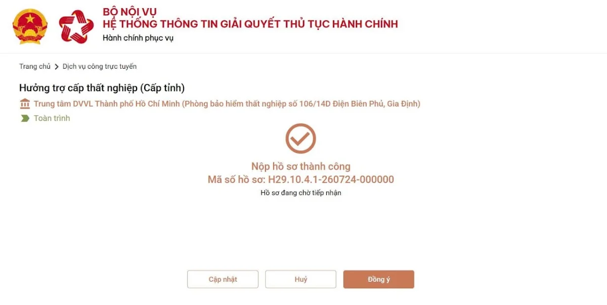 Ảnh chụp màn hình hướng dẫn nop — bước 7: Lưu mã hồ sơ — Khi mã hồ sơ xuất hiện, chụp màn hình lại để lưu.