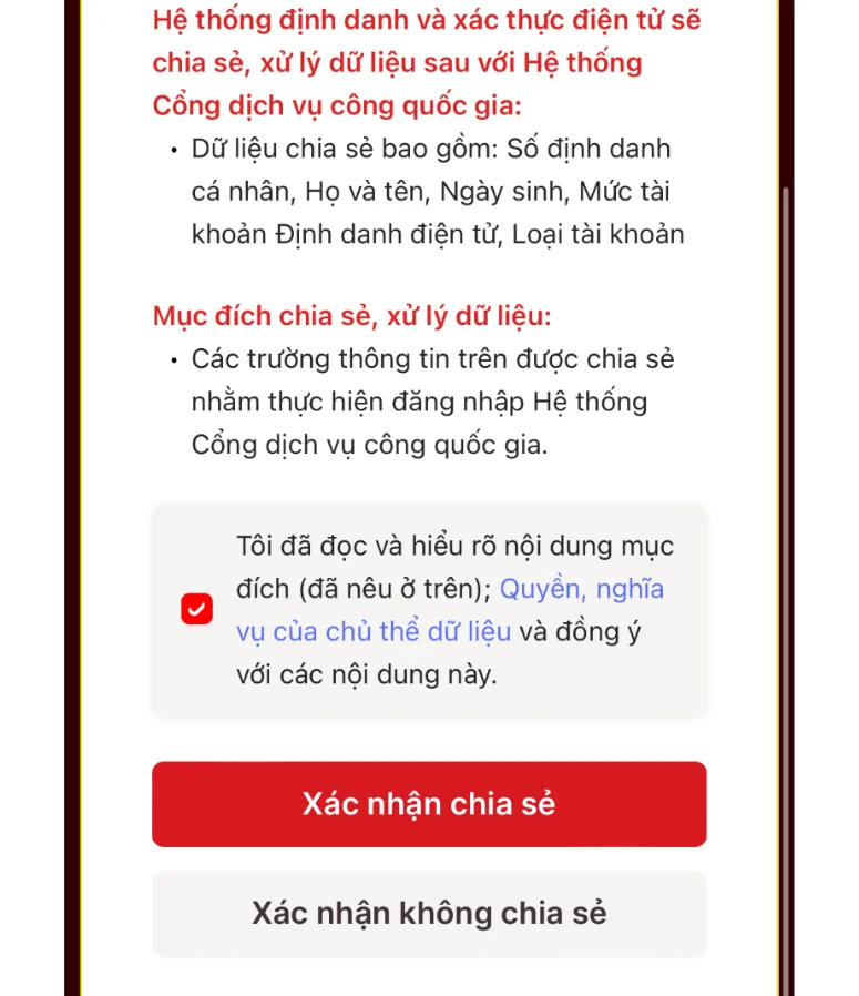 Tích ô "Tôi đã đọc và hiểu…" rồi nhấn "Xác nhận chia sẻ".