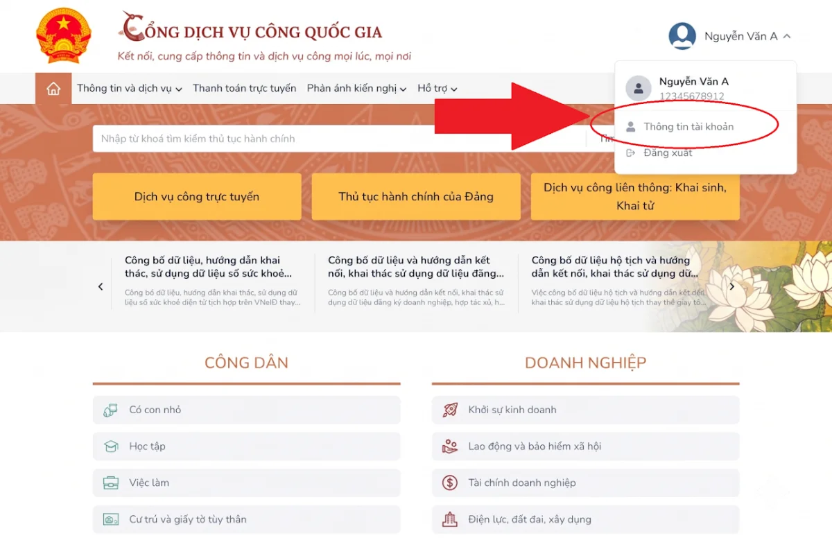 Ảnh chụp màn hình hướng dẫn tra — bước 2: Mở Thông tin tài khoản — Chọn "Thông tin tài khoản".