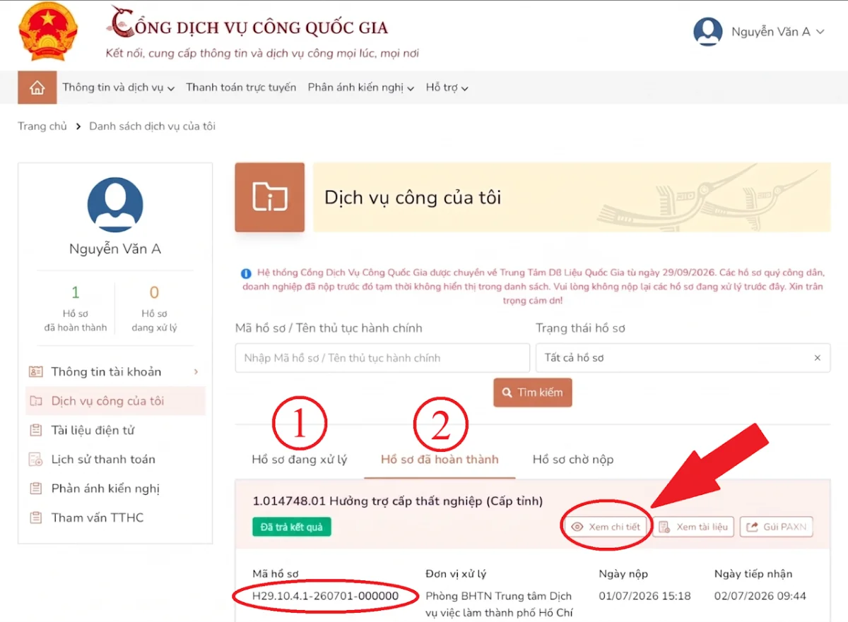 Ảnh chụp màn hình hướng dẫn tra — bước 3: Tìm hồ sơ của bạn — Hồ sơ đang xử lý ở mục số 1, đã hoàn thành ở mục số 2 — đúng mã hồ sơ thì nhấn "Xem chi tiết".