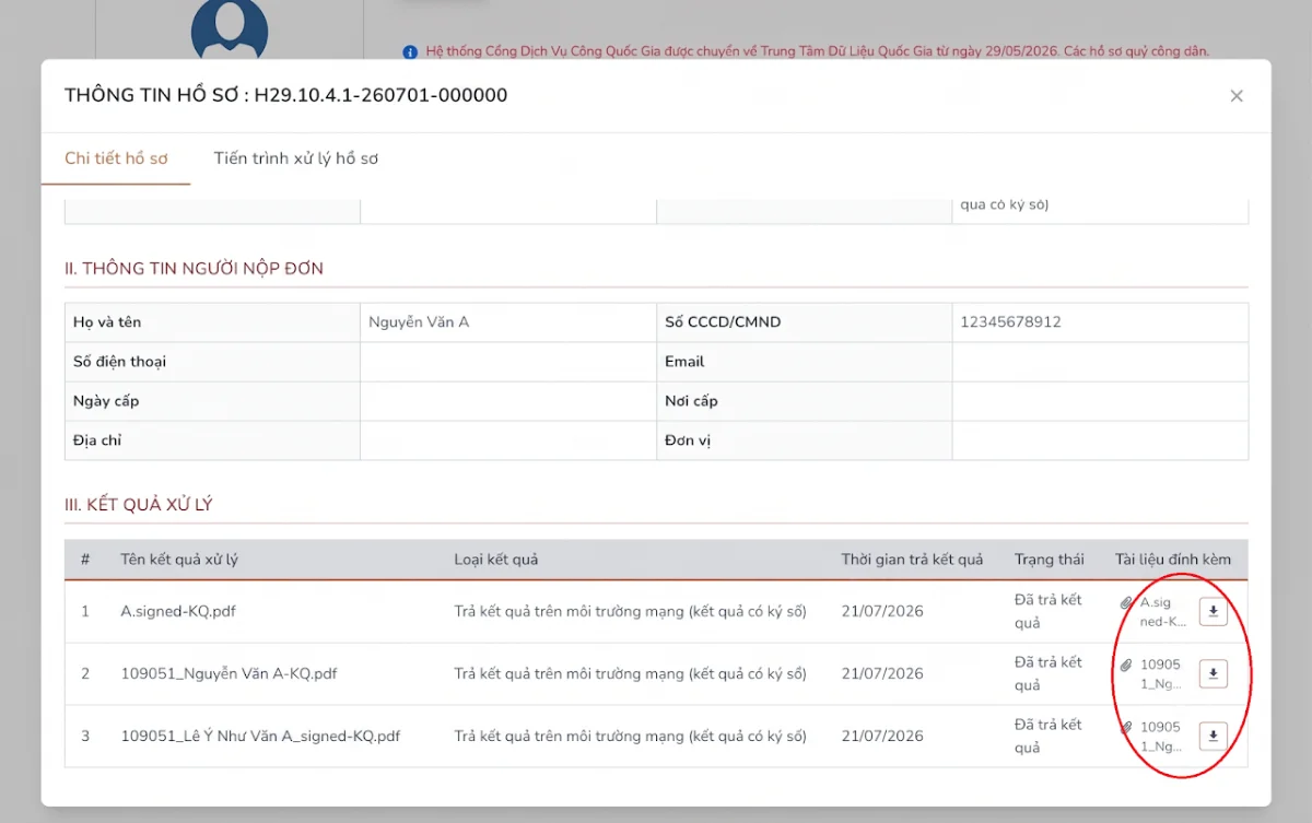 Ảnh chụp màn hình hướng dẫn tra — bước 5: Tải kết quả về máy — Khi nào có file để tải
